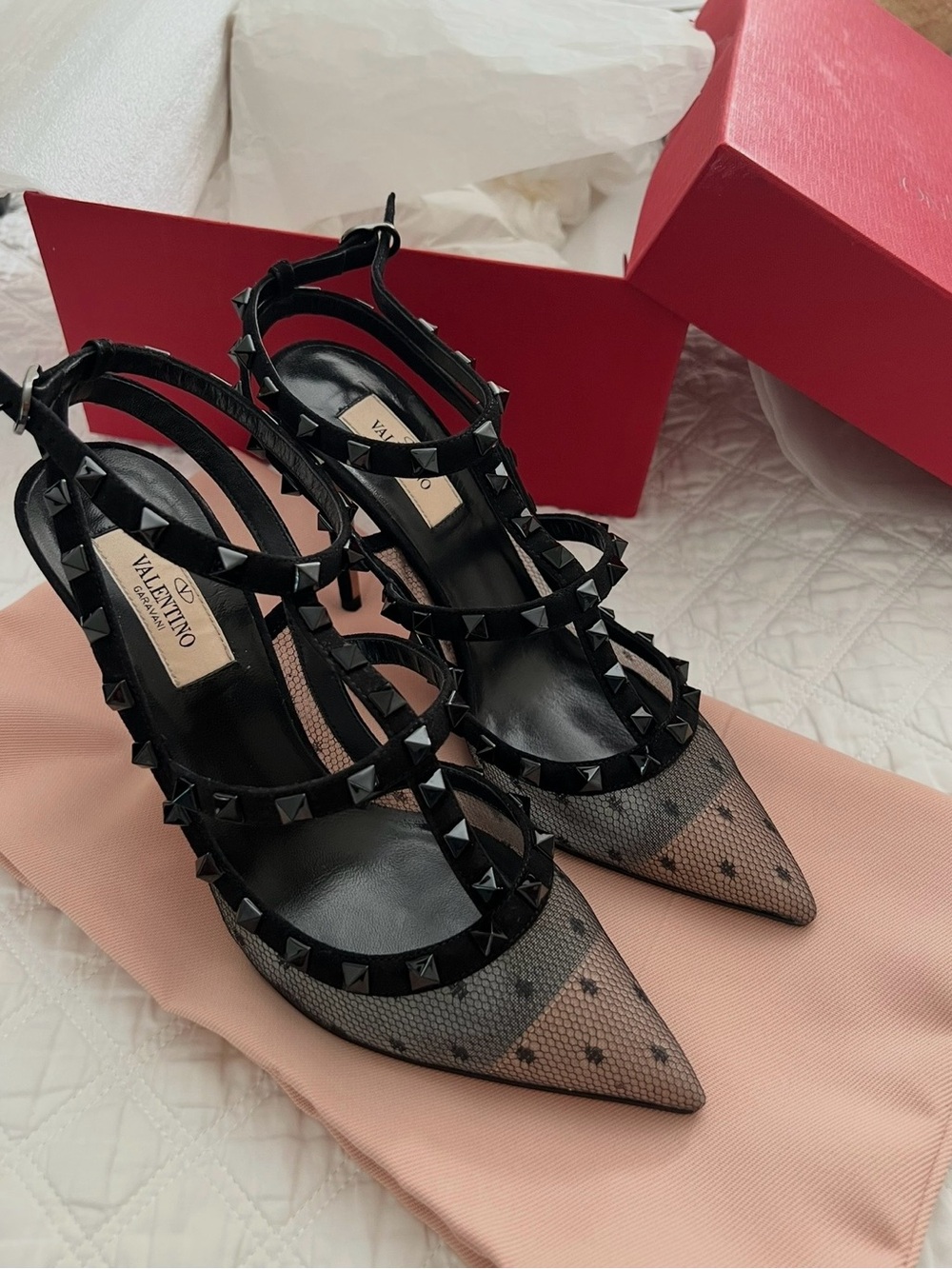 Valentino Garavani Black Mesh Rockstud Pointed T-Strap Heels